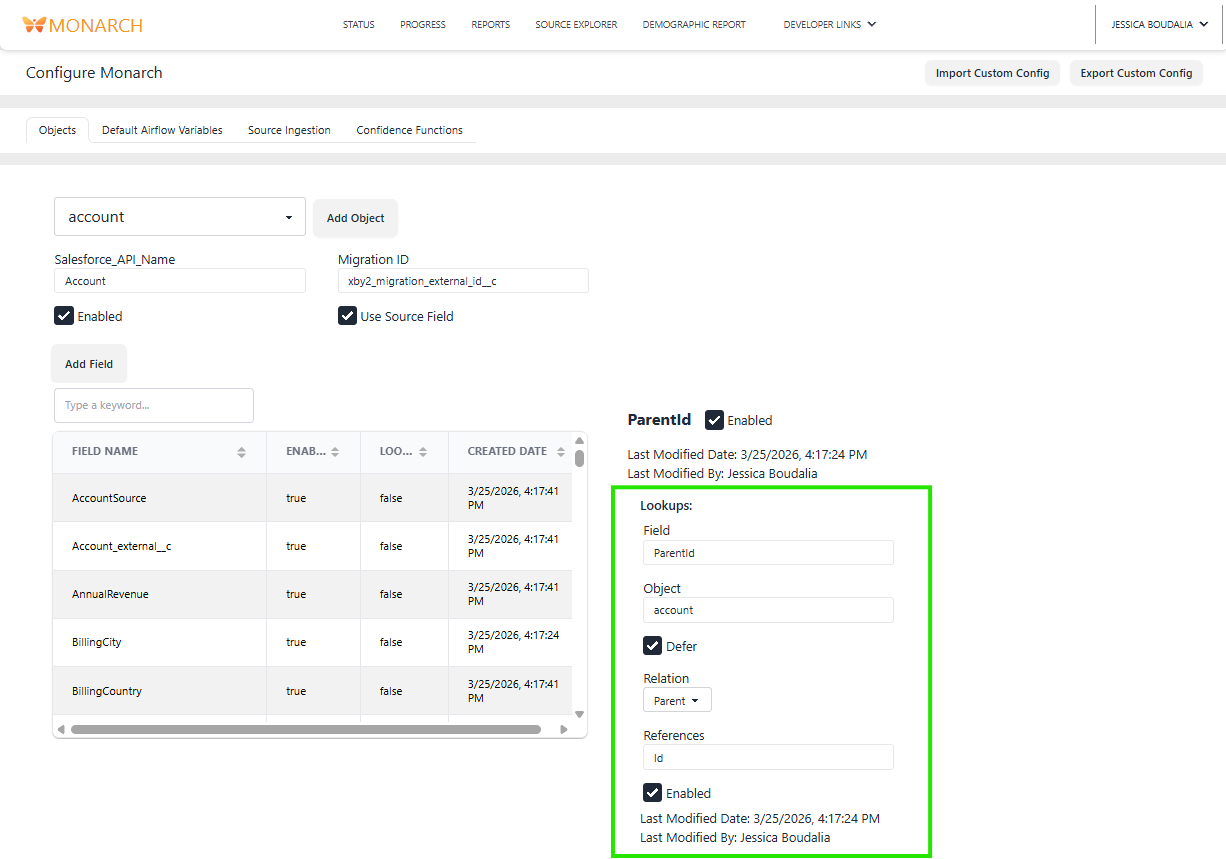 screenshot of Monarch's Config page for deferred Object lookups
