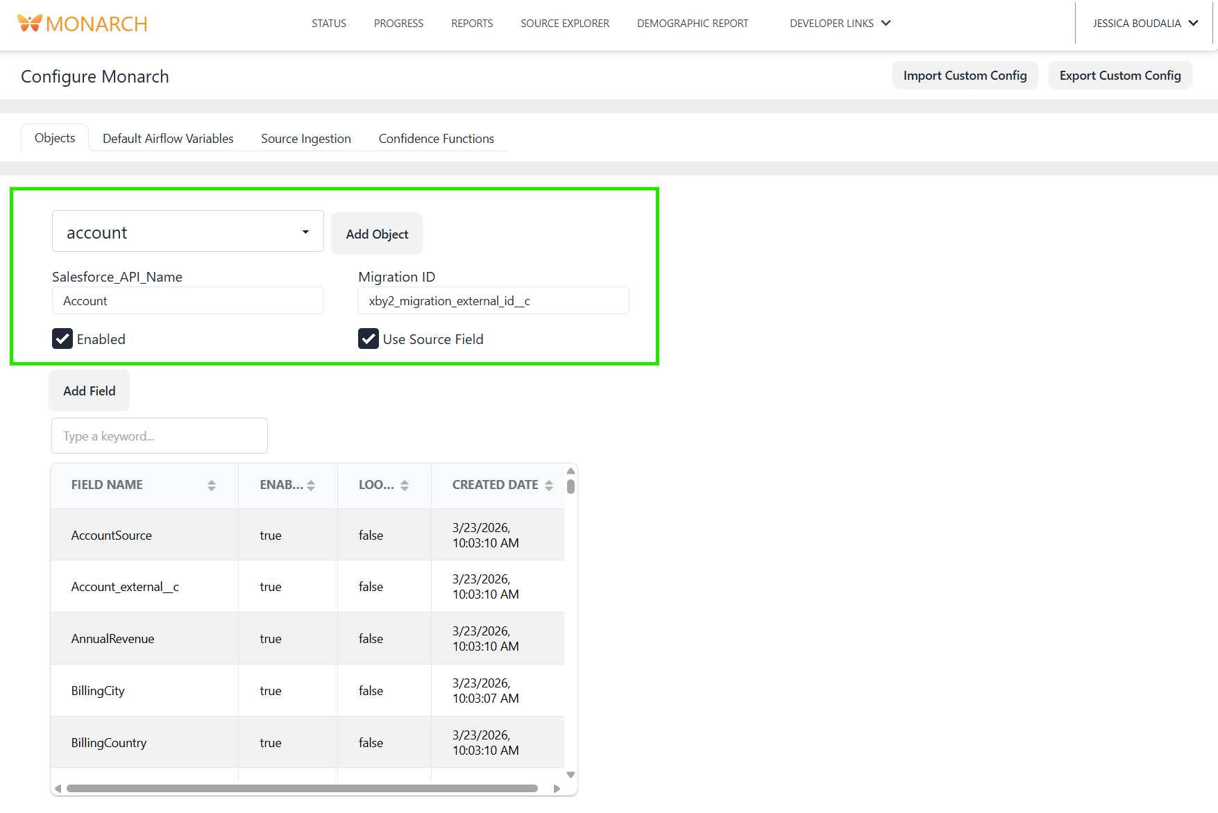 screenshot of Monarch's Config page for Objects