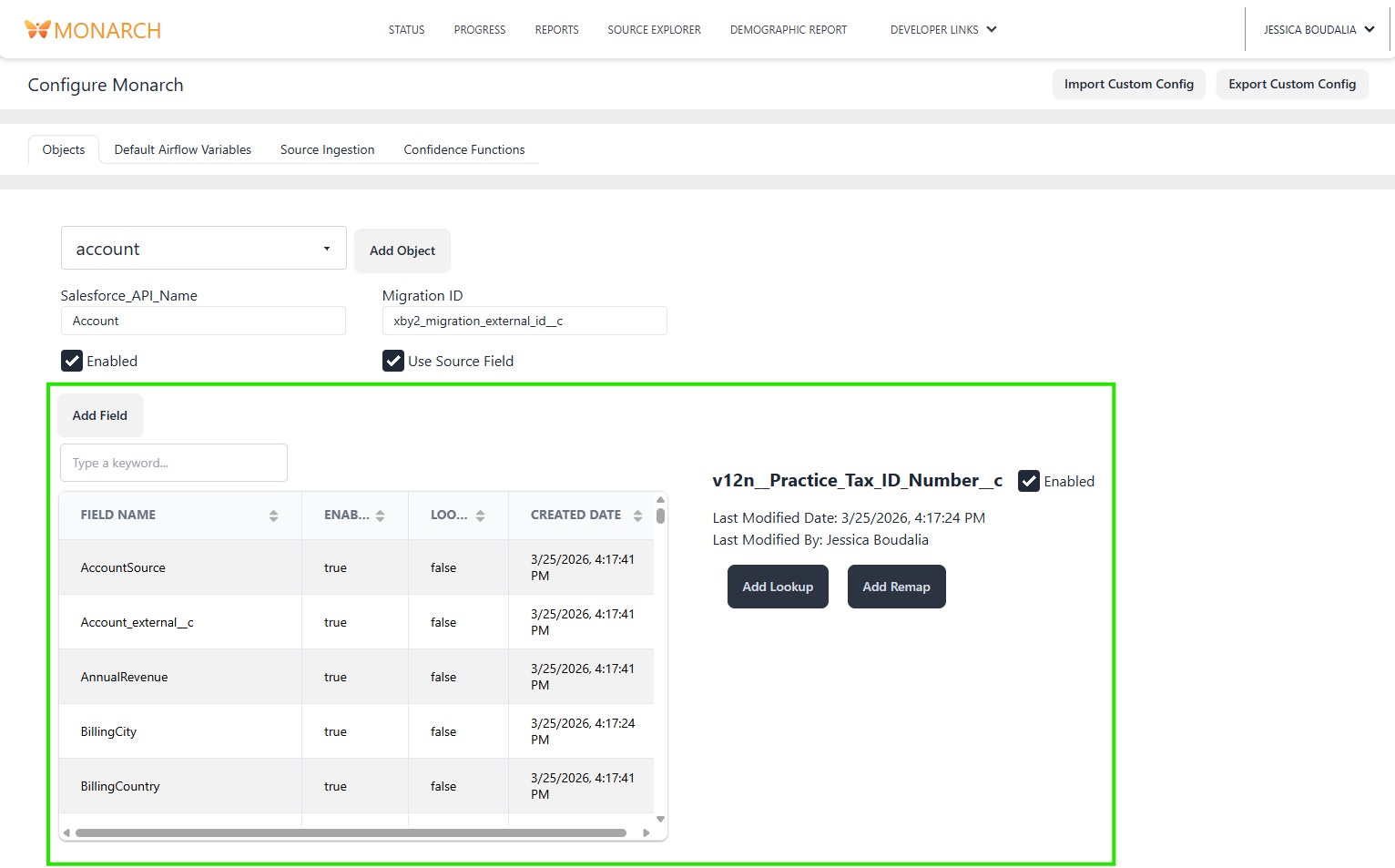 screenshot of Monarch's Config page for Object Fields