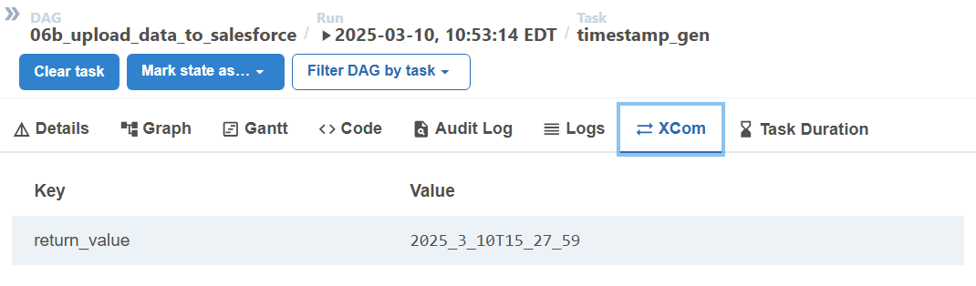 Monarch DAG run interface with blue border around XCom