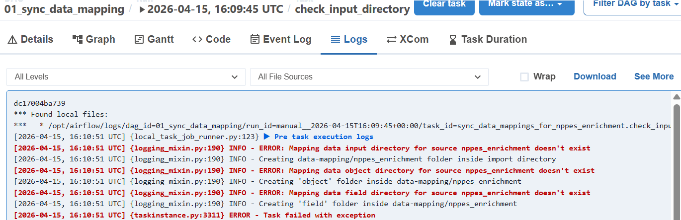 screenshot of Monarch's data mapping dag - check input directory step error message