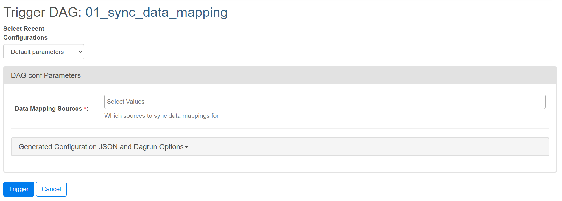 screenshot of Monarch's data mapping dag trigger page