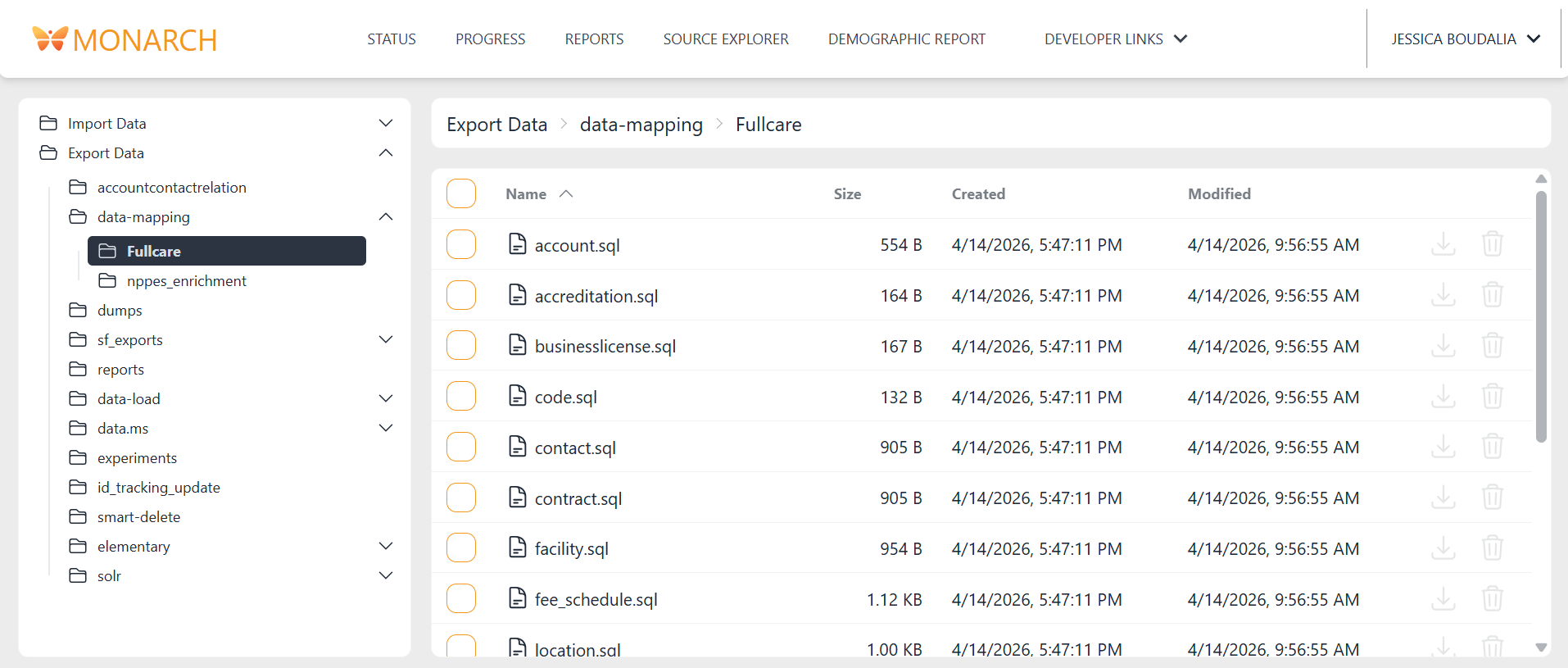 screenshot of Monarch's export data folder on the file browser screen