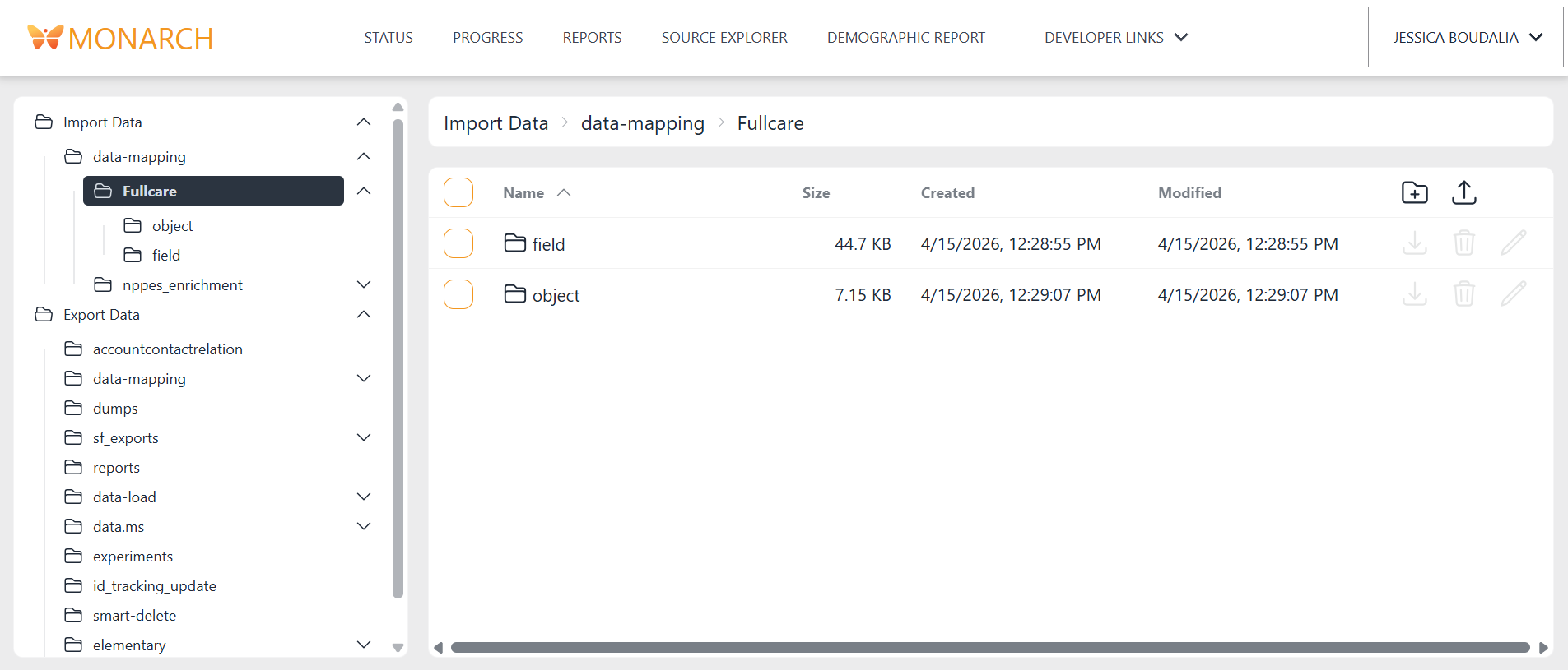 screenshot of Monarch's import data folder on the file browser screen