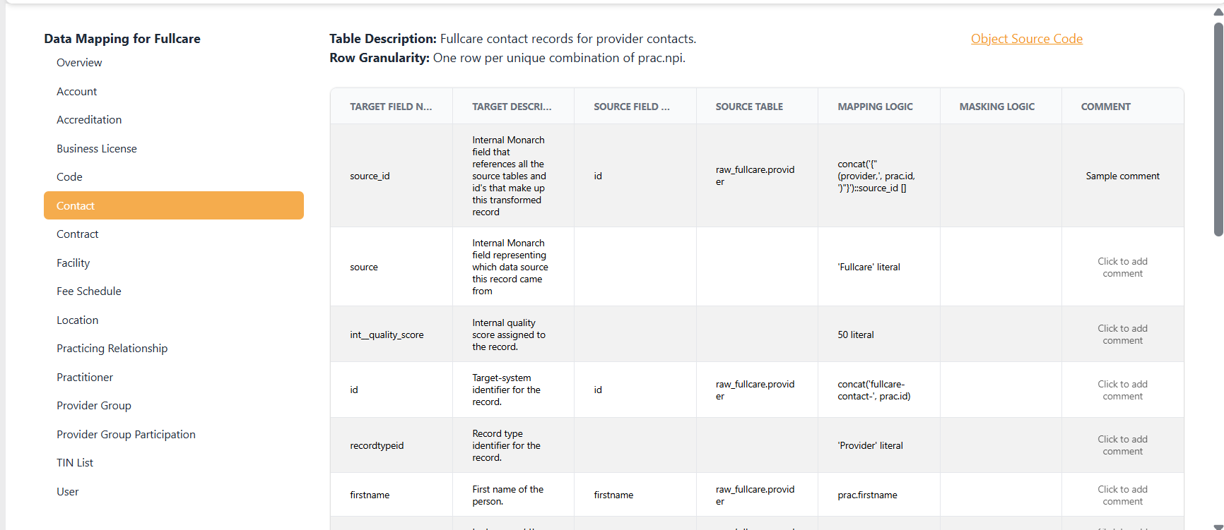 screenshot of Monarch's Data Mapping Contact Table Page